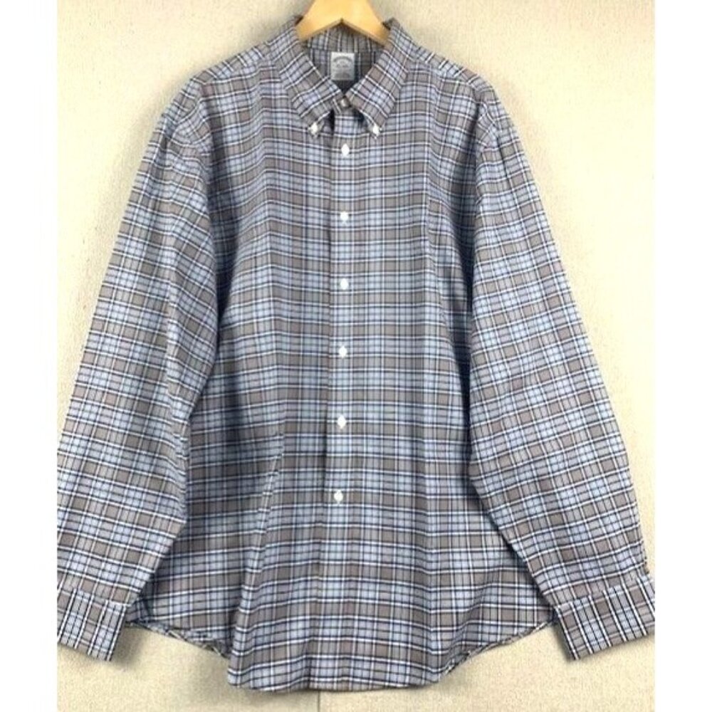 Brooks Brothers XXL Non-Iron Plaid‎ Supima Cotton Long-Sleeve Shirt Gray / Blue